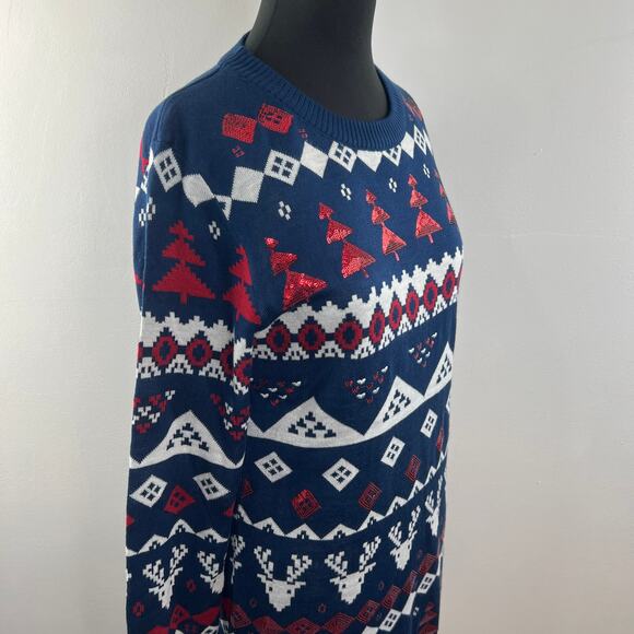 TIPSY ELVES Blue Red White Sweater Dress Knit Sequin Fair Isle Size Large L NEW - Picture 5 of 12